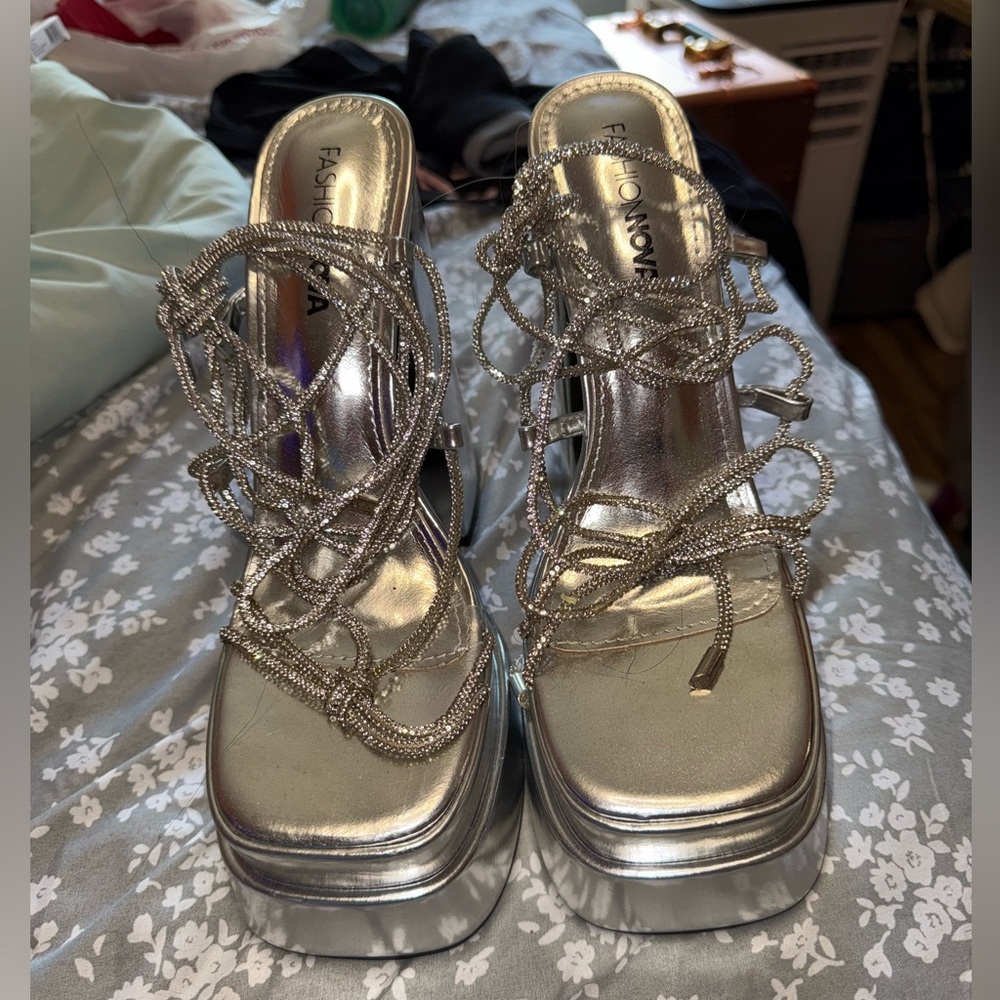 Fashion Nova Silver Platform Heels with Strappy Design
